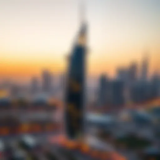 Stunning view of Al Nahda Mai Tower against the Dubai skyline at sunset
