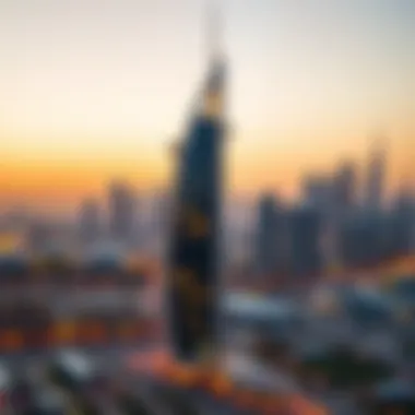 Al Nahda Mai Tower at Sunset Stunning view of Al Nahda Mai Tower against the Dubai skyline at sunset