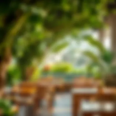 A stylish café in Alwasl with outdoor seating and lush greenery