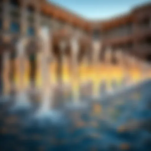 A close-up view of La Fontana's intricate water jets