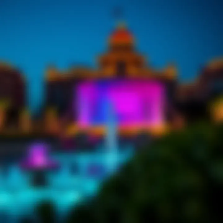Night view of La Fontana illuminated with colorful lights