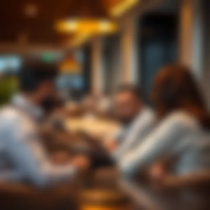 Expatriates discussing banking options in a modern setting